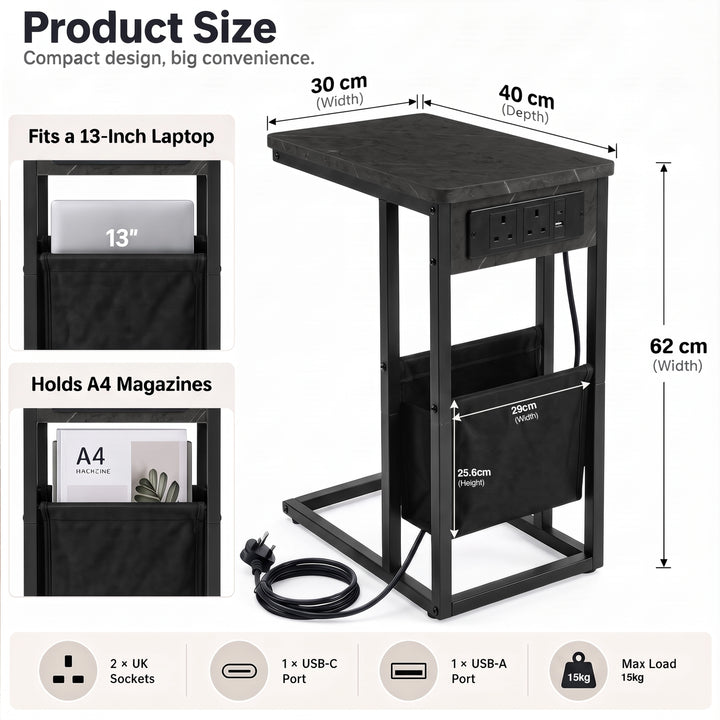 [Grey Marble] table size: 30Wx40Dx62H cm; pouch for 13-inch laptop & A4 magazines; USB-A/C, 2 UK sockets,  15kg weight limit
