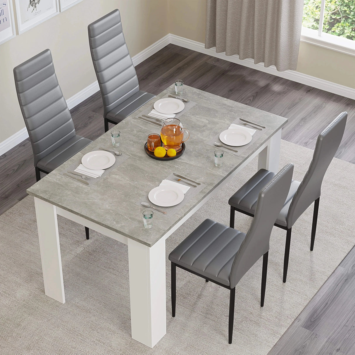 [4 Seater | White] Four white high-back chairs at white-leg grey marble 4 seater table