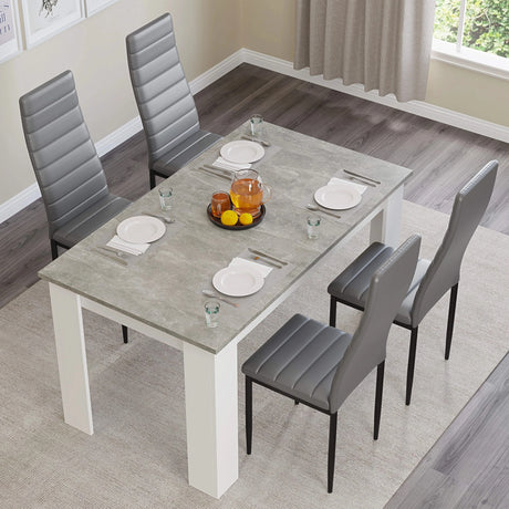 [4 Seater | White] Four white high-back chairs at white-leg grey marble 4 seater table