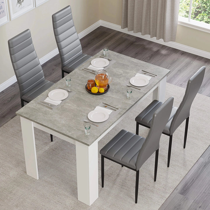 [4 Seater | White] Four white high-back chairs at white-leg grey marble 4 seater table