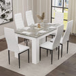 [6 Seater | White] Six white high-back chairs at white-leg grey marble table on grey rug