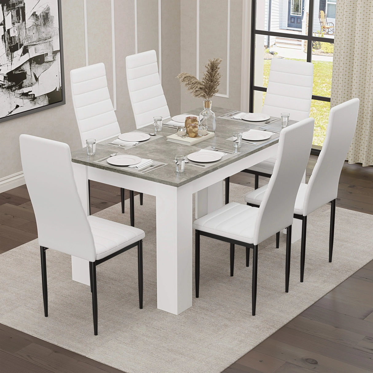[6 Seater | White] Six white high-back chairs at white-leg grey marble table on grey rug