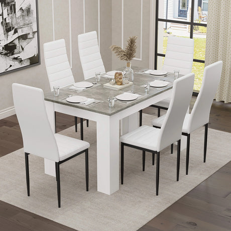 [6 Seater | White] Six white high-back chairs at white-leg grey marble table on grey rug