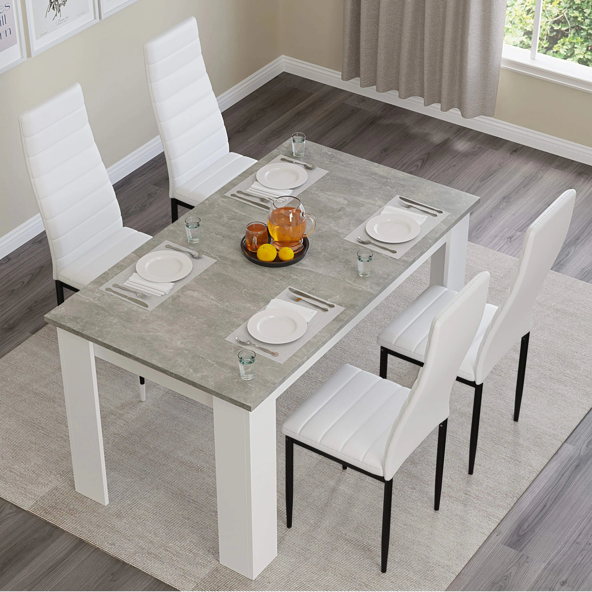 [4 Seater | White] Top view: grey marble 120cm table, 4 white chairs, plates, orange bowl