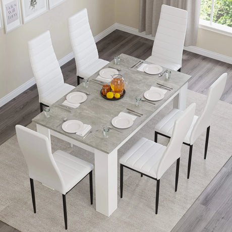 [6 Seater | White] Top view: grey marble 140cm table, 6 white chairs, plates, orange bowl