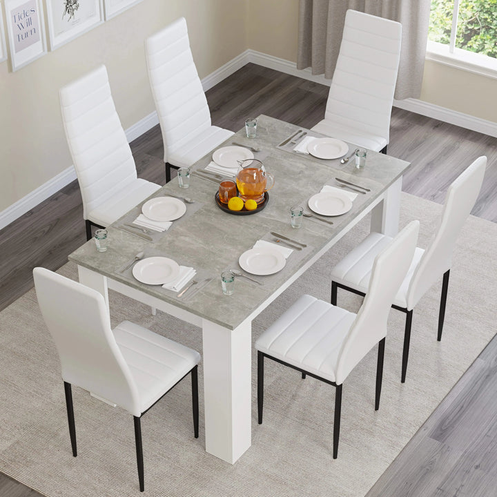 [6 Seater | White] Top view: grey marble 140cm table, 6 white chairs, plates, orange bowl