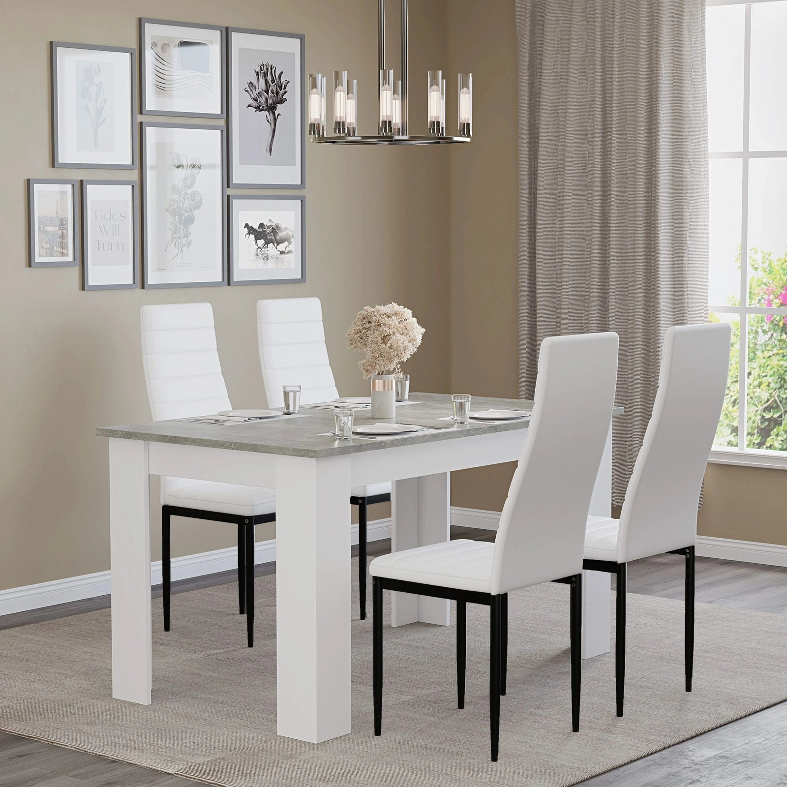 [4 Seater | White] 4 white chairs at grey marble 4 seater table under linear pendant