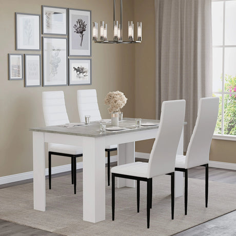 [4 Seater | White] 4 white chairs at grey marble 4 seater table under linear pendant