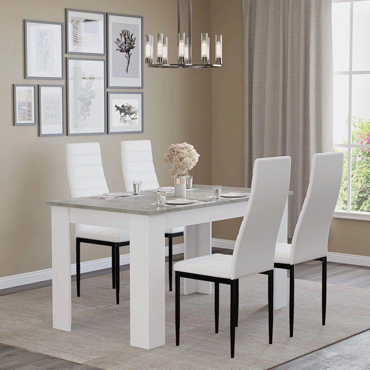 [4 Seater | White] 4 white chairs at grey marble 4 seater table under linear pendant