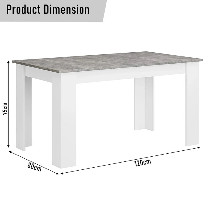 [4 Seater | White] Table dims: 120cm L, 80cm W, 75cm H, grey marble top, white block legs