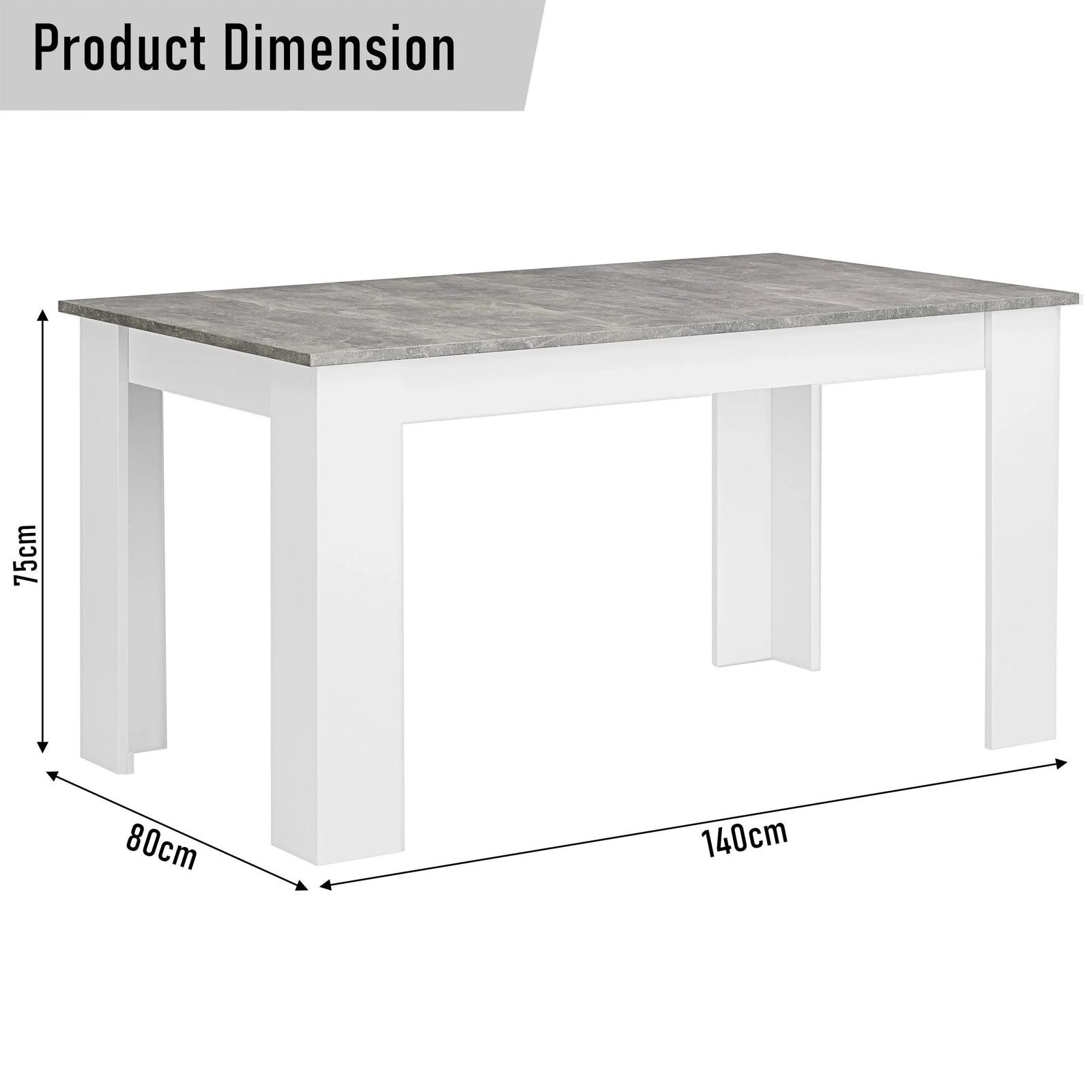 [6 Seater | Black] Table dims: 140cm L, 80cm W, 75cm H, grey marble top, white block legs