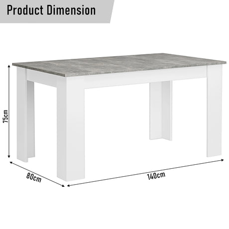 Dimensions of modern cheap dining table with premium grey marble finish: height 75 cm, width 80 cm and length 140 cm