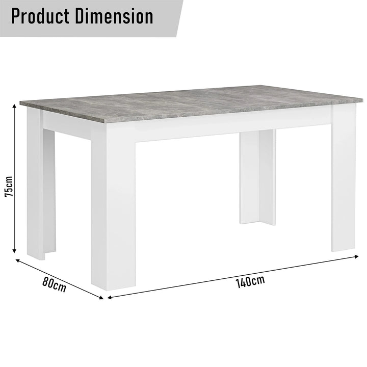 [6 Seater | White] Diagram: 6 seater grey marble dining table 140 x 80 x 75 cm, white legs