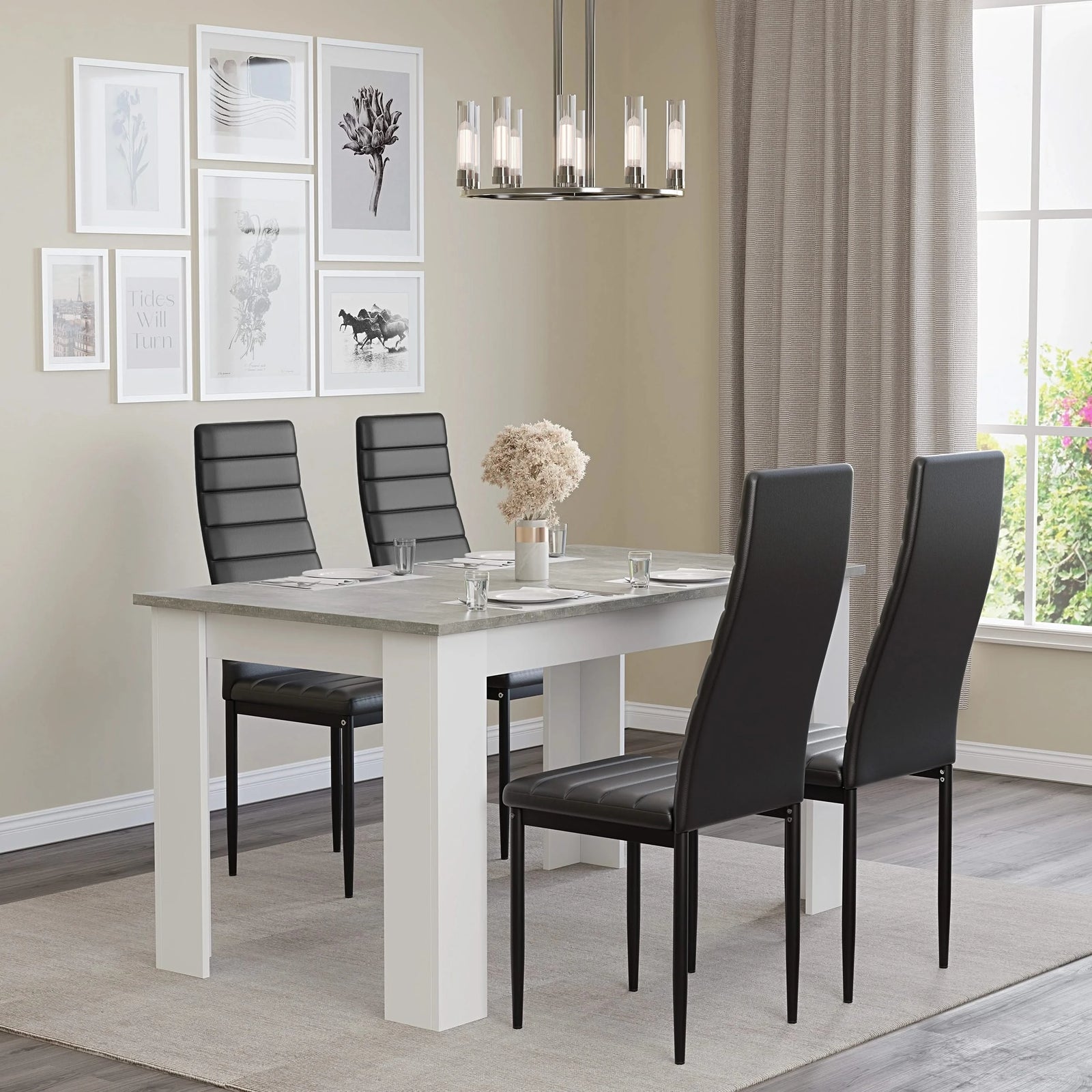 [4 Seater | Black] Wall-gallery: grey marble 4 seater table, 4 black high-back chairs