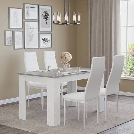 Modern grey marble dining table with white legs from ideal for compact dining spaces and kitchens.