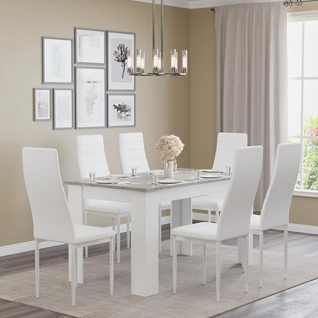 elegant modern dining table and 6 chairs in grey marble with white seating, ideal for spacious modern interiors
