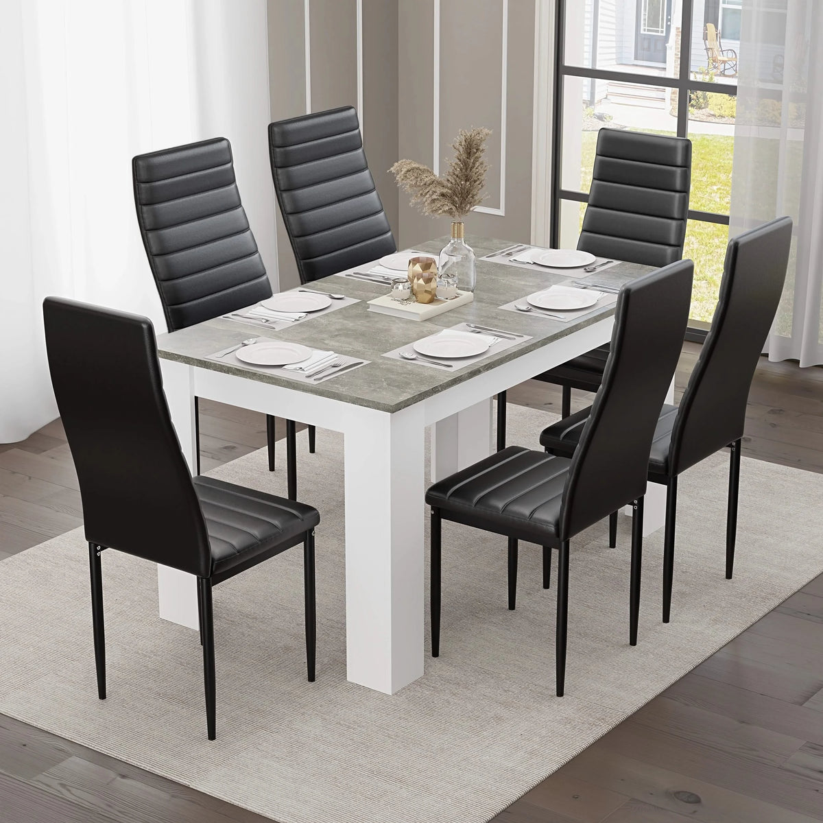 Marble Finish 4 6 Seater Dining Table Chairs Set