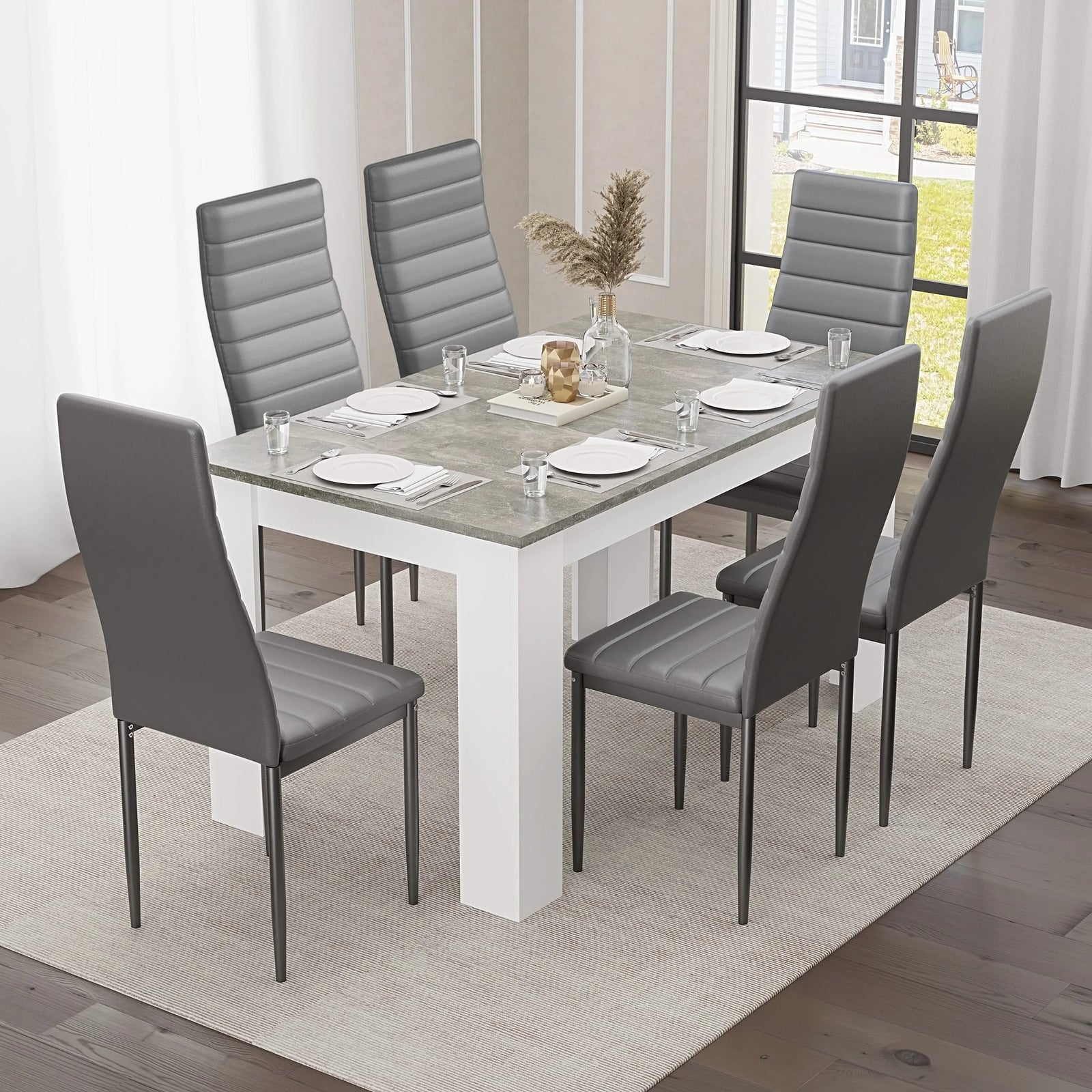 [6 Seater | Grey] 6 grey ribbed faux leather chairs at grey marble 140cm table by window