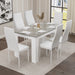 compact corner dining table set with white PU leather chairs and grey marble top, perfect for space-saving dining