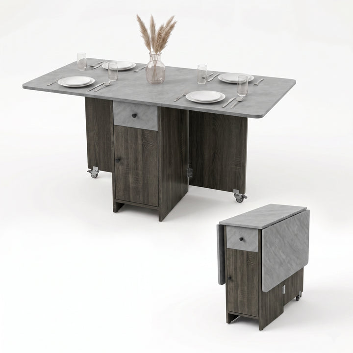 [Grey] Space saving folding dining table for four with marble-effect top shown open & shown compact closed folded on wheels.