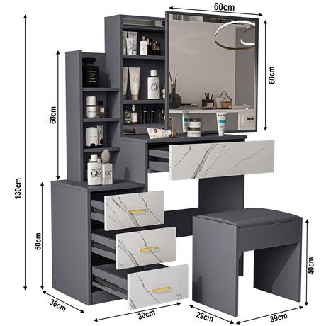 Grey marble and white dressing table with product dimensions for a perfect fit and stylish design.