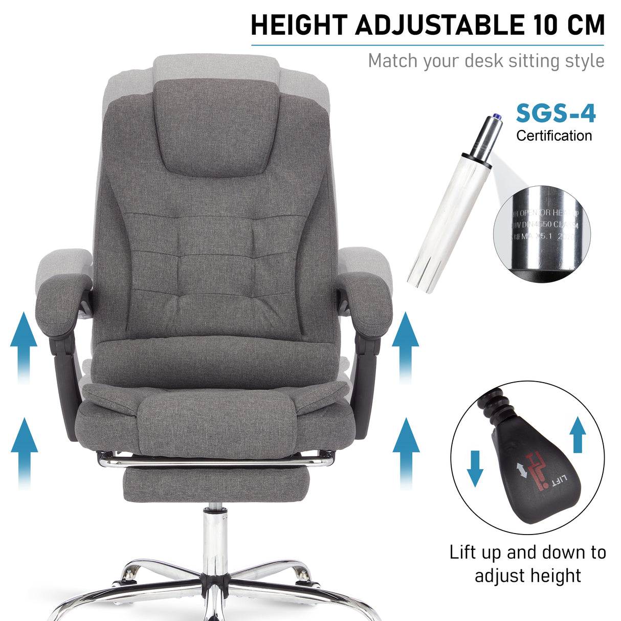 Grey massage office chair with 10 cm height adjustment for customizable comfort.