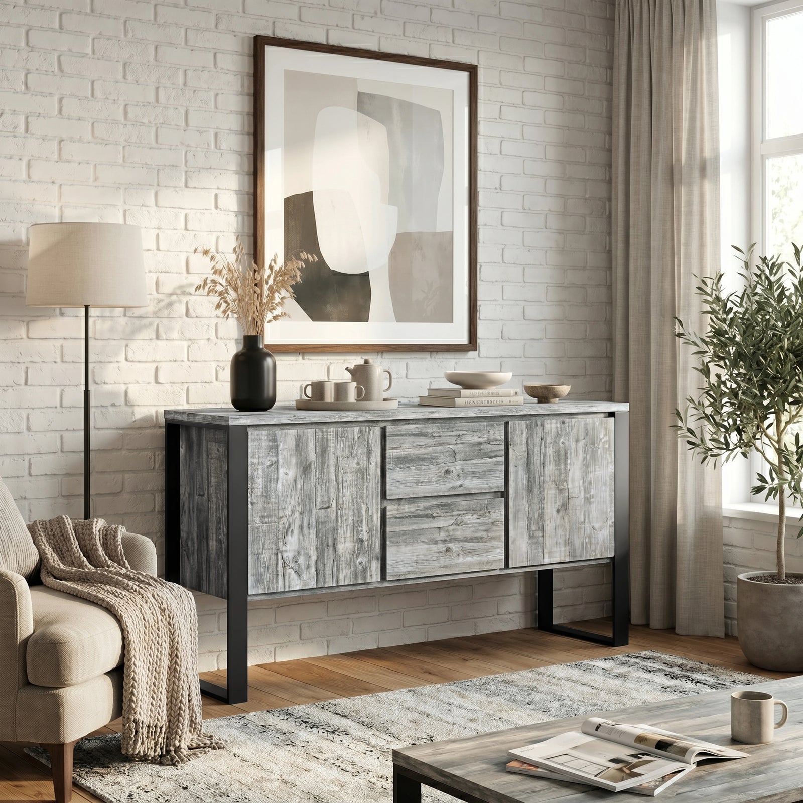[Grey] Living room with Millwright grey 2 door large sideboard with drawers, sofa, and coffee table