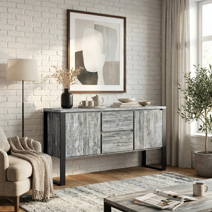 [Grey] Living room with Millwright grey 2 door large sideboard with drawers, sofa, and coffee table