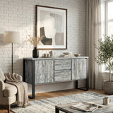 [Grey] Living room with Millwright grey 2 door large sideboard with drawers, sofa, and coffee table