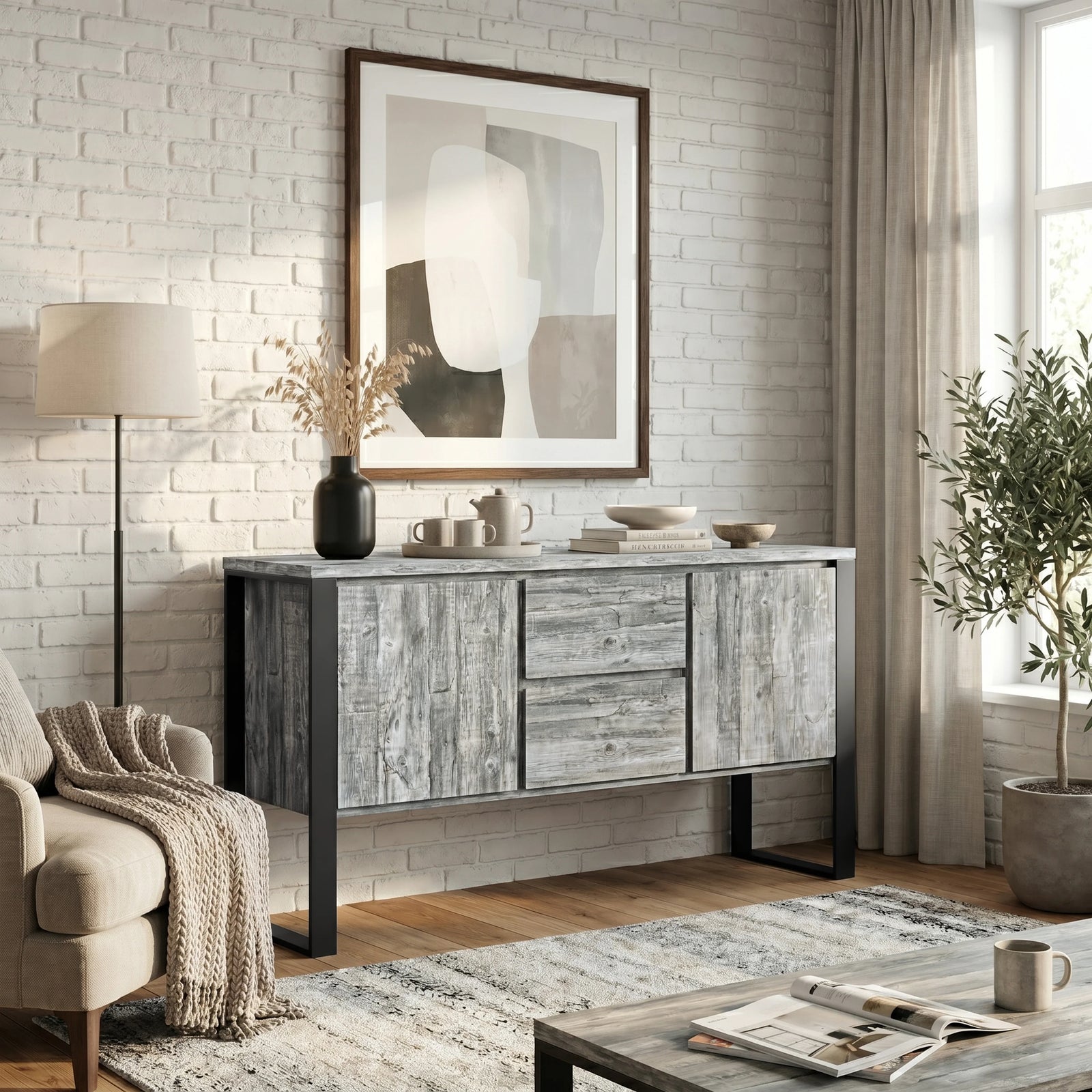 [Grey] Living room with Millwright grey 2 door large sideboard with drawers, sofa, and coffee table