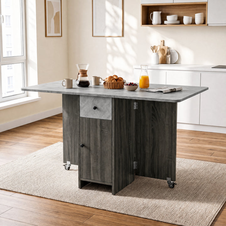 [Grey] Modern folding dining table fully open in a kitchen dinner and styled with coffee, berries, juice and newspaper.
