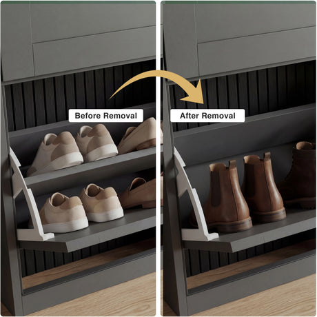 Grey Shaker shoe cabinet with removable shelf shown before and after, allowing extra height to organise long boots