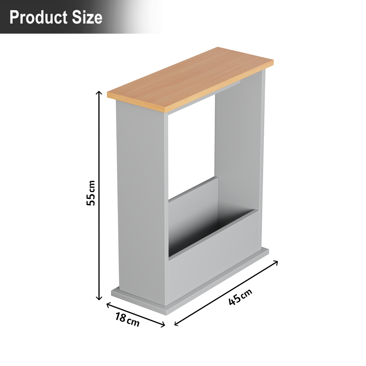 Grey narrow side table with pine top, compact size perfect for small spaces.