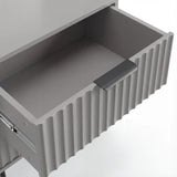 Grey drawer interior view with painted finish, black sleek design handles and rectangular storage capacity