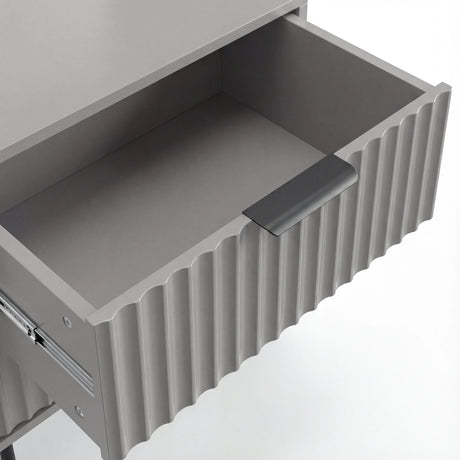 Grey drawer interior view with painted finish, black sleek design handles and rectangular storage capacity