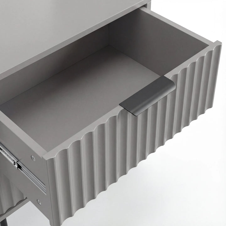 [Grey] Open top drawer of grey 2 drawer bedside table with fluted front and dark metal pull