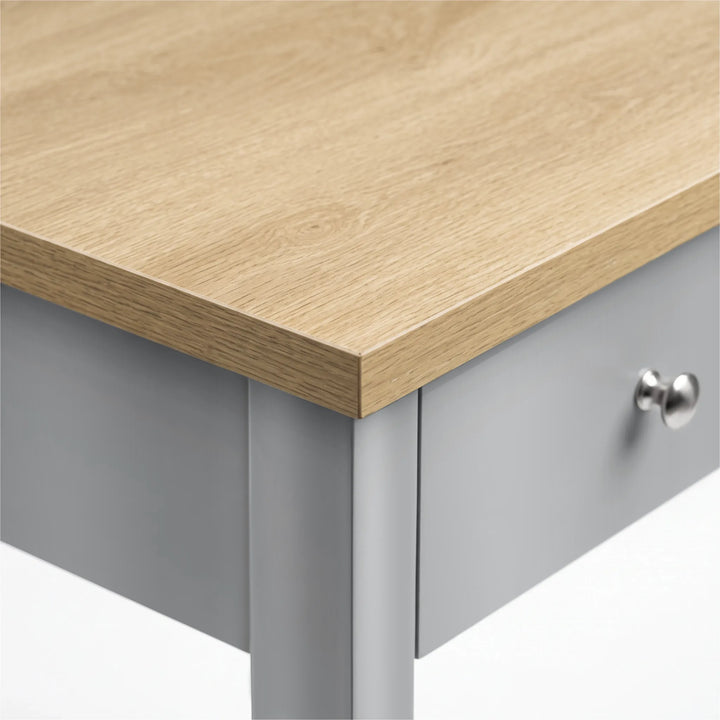 [Grey] Close-up of the oak-effect top edge, drawer front and round metal knob