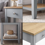 [Grey] 4-panel detail collage showcasing knob, legs, shelf, and oak top on Grey Shaker Bedside Table.