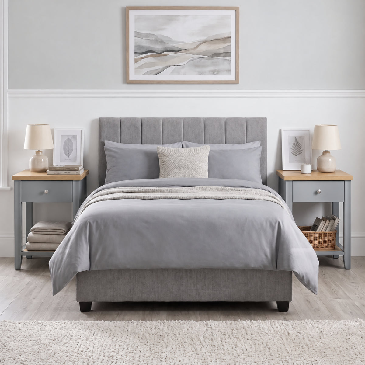 [Grey] Full bedroom setup featuring two Grey Shaker Bedside Tables placed beside a grey bed.