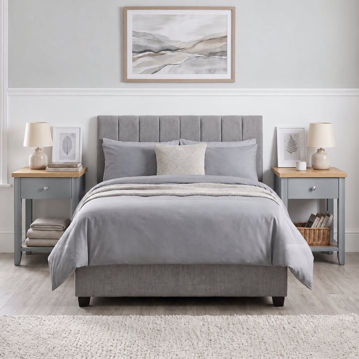 [Grey] Full bedroom setup featuring two Grey Shaker Bedside Tables placed beside a grey bed.