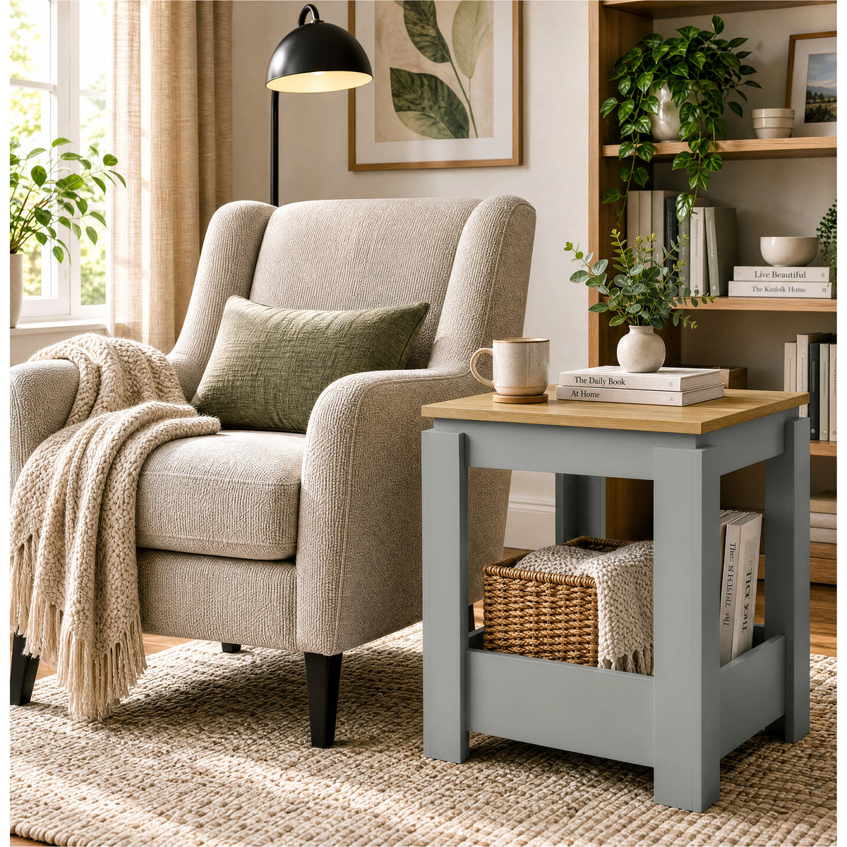 [Grey] Square side table in a living room beside an armchair, with a basket, books and throw stored below