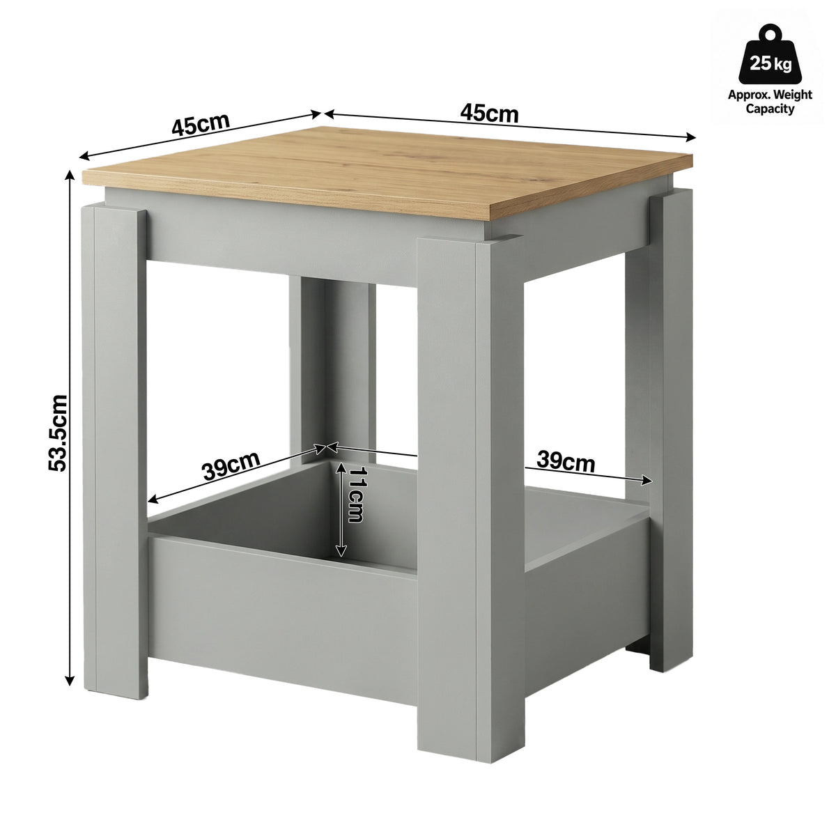 [Grey] Size guide showing a 45 x 45 cm top, 53.5 cm height, 39 x 39 cm lower shelf, 11 cm front panel and 25 kg approximate capacity