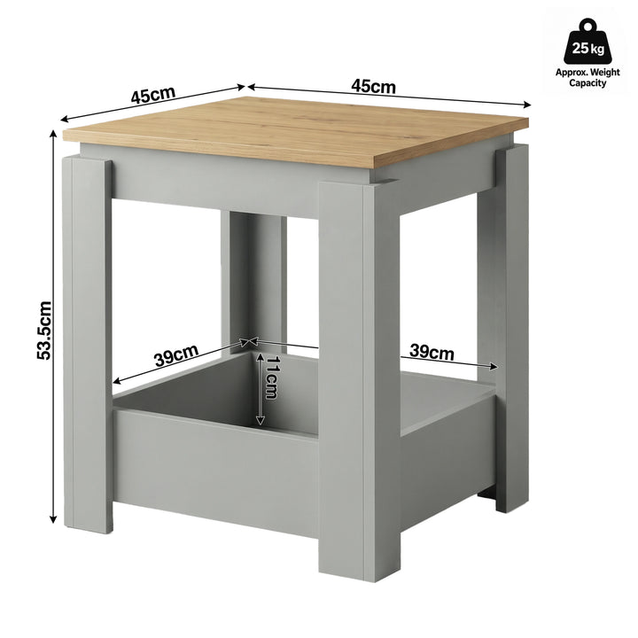 [Grey] Size guide showing a 45 x 45 cm top, 53.5 cm height, 39 x 39 cm lower shelf, 11 cm front panel and 25 kg approximate capacity