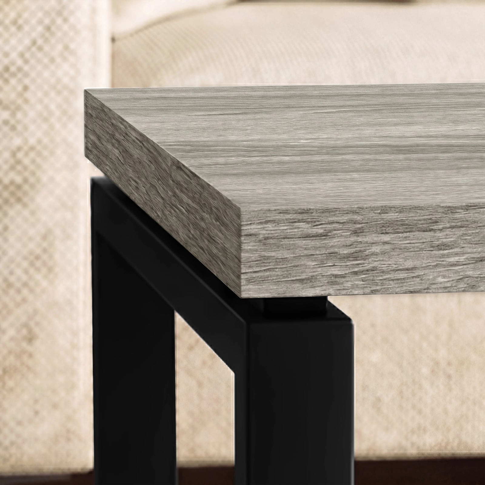 [Grey Oak] Nestline detail showing thick grey oak-effect edge and black metal leg corner connection