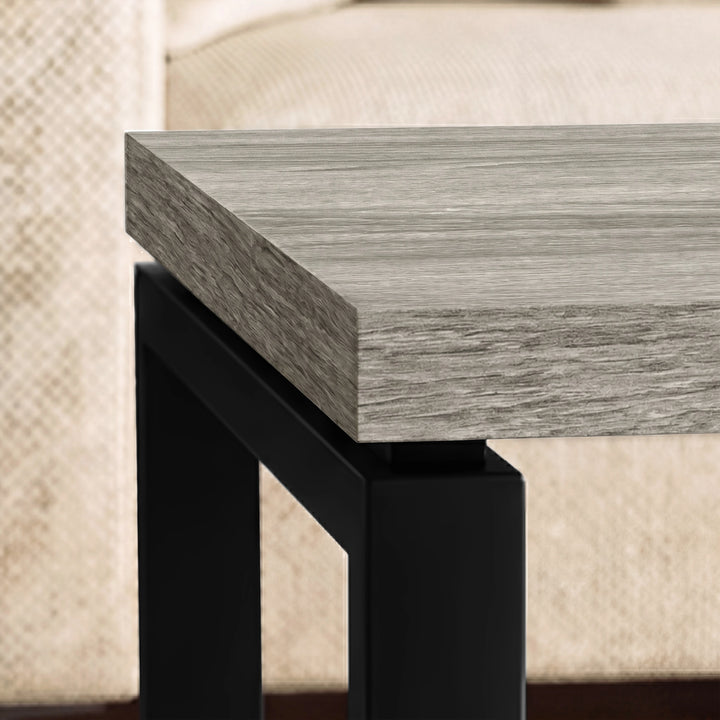 [Grey Oak] Nestline detail showing thick grey oak-effect edge and black metal leg corner connection