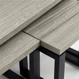 [Grey Oak] Nestline close-up of grey wood grain top meeting the square black metal support frame