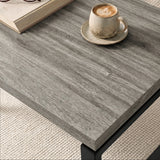 [Grey Oak] Nestline tabletop detail with a small cup on grey wood grain and softly layered edge lines