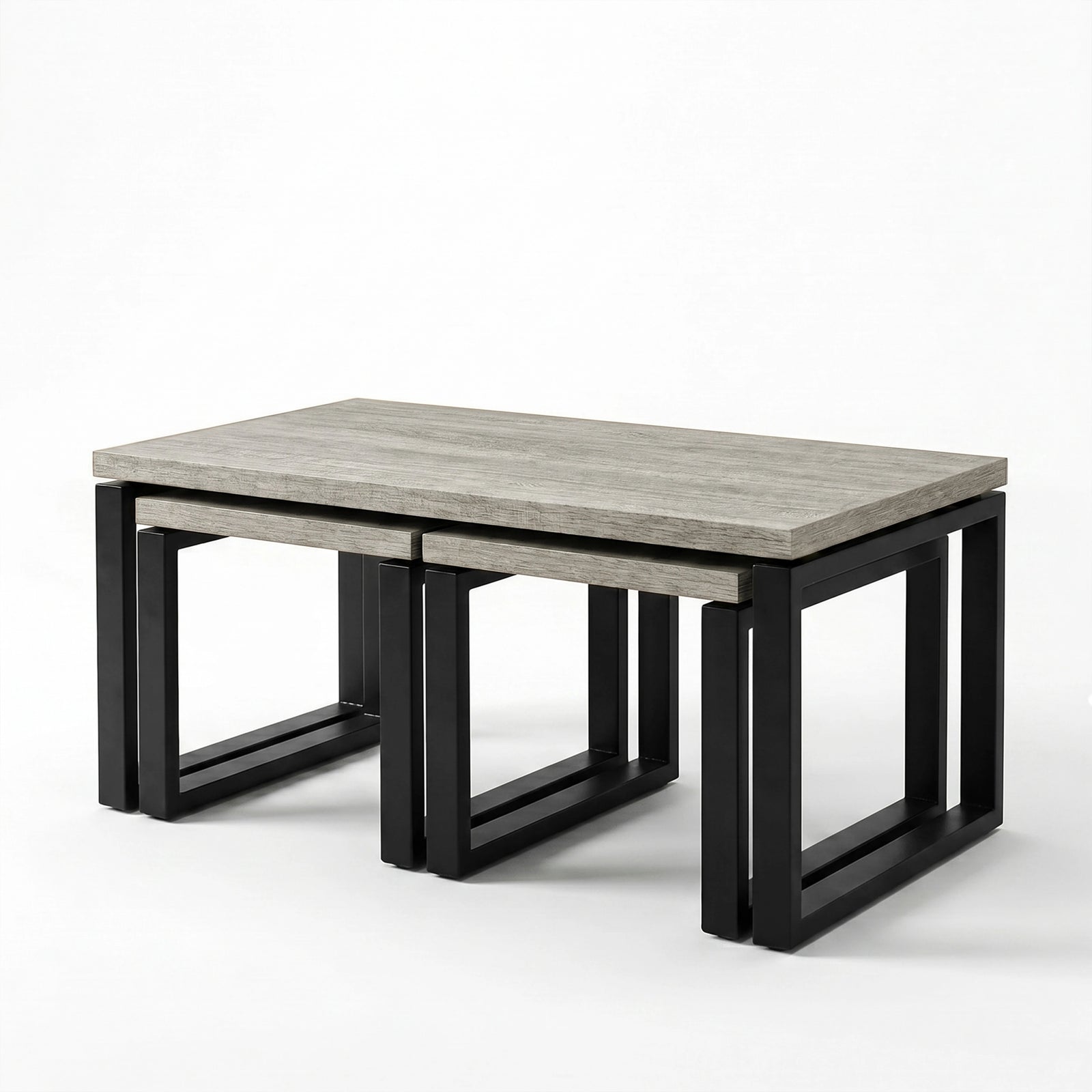 [Grey Oak] Nestline three-piece nested table set shown on a clean white background from a front angle