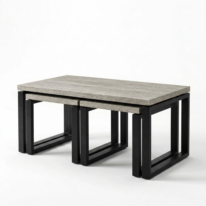 [Grey Oak] Nestline three-piece nested table set shown on a clean white background from a front angle