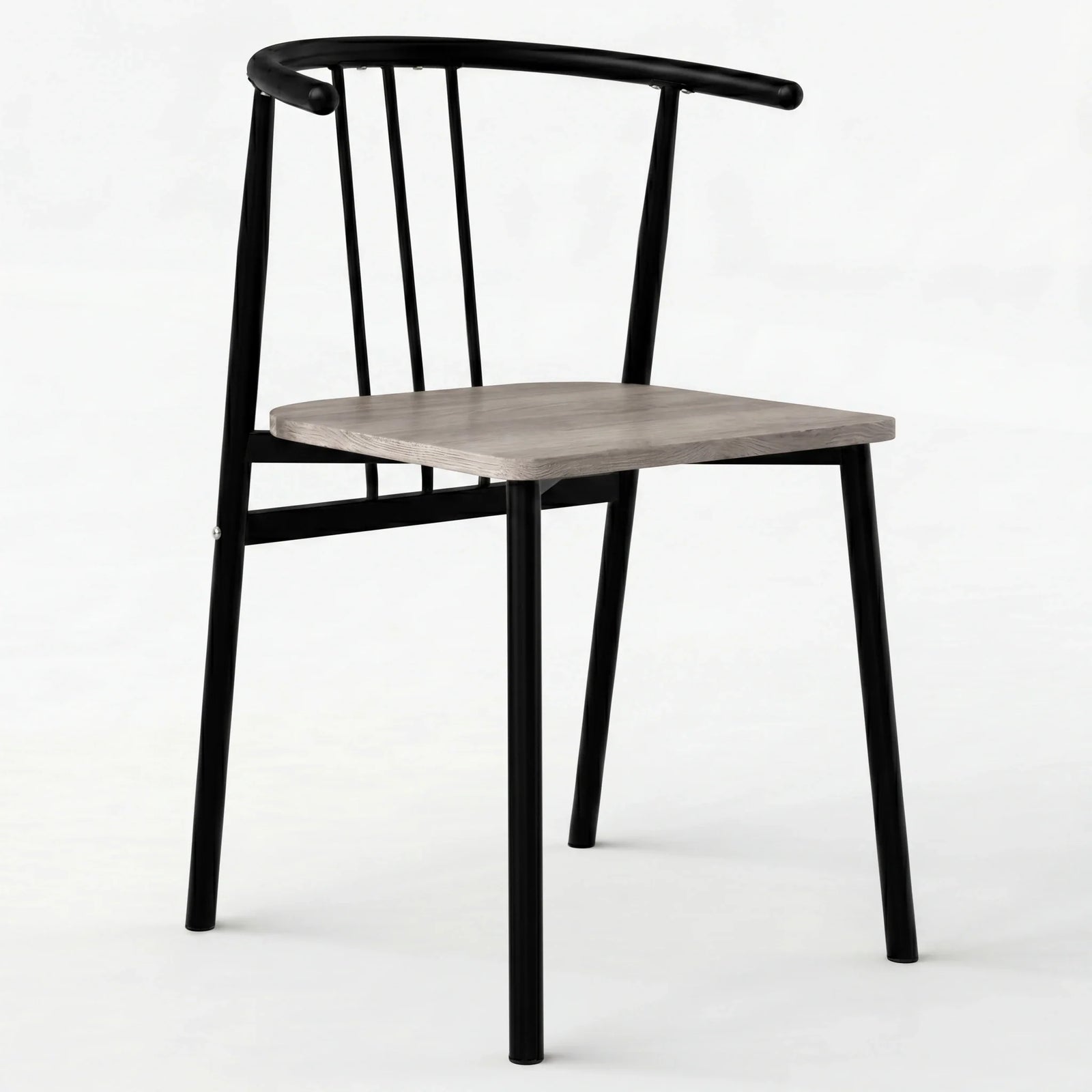 [Grey] Torvi dining chair with black tubular metal frame, spindle back, armrests and grey oak seat pad